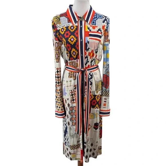 Tory Burch Womens L Silk Blend Laurence Scrapbook Belted Shirtdress - Picture 2 of 16